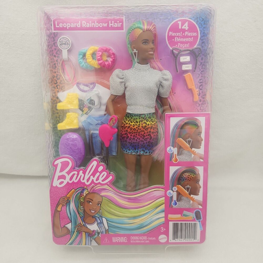 Doll Barbie Leopard Rainbow Hair 2020 Color Change African American GRN82 NEW